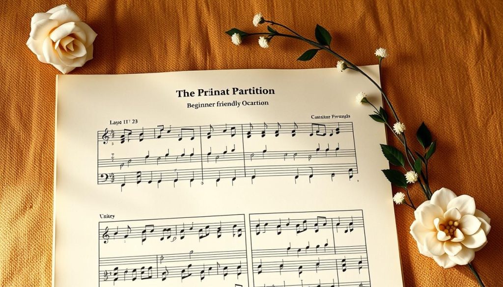 A beautiful vintage sheet music with a detailed partition for a beginner-friendly ocarina piece. The partition is centered on the page, showcasing the musical notes and rhythm in an elegant, easy-to-follow layout. The background is a warm, earthy tone, evoking a sense of timelessness and tradition. Soft, diffused lighting creates a gentle, inviting atmosphere, highlighting the delicate texture of the paper. The composition is balanced, with the partition occupying the main focus, surrounded by subtle decorative elements that complement the musical theme. The overall aesthetic is one of simplicity, clarity, and a love for the craft of music.