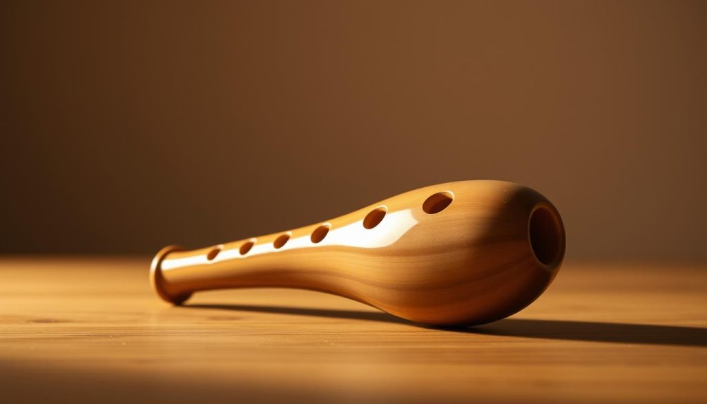 A beautifully crafted ocarina, its smooth ceramic body glistening under the warm studio lighting. The instrument rests on a simple wooden surface, allowing its elegant, elongated form to take center stage. In the background, a soft, neutral gradient sets a serene, contemplative mood, drawing the viewer's attention to the ocarina's intricate finger holes and subtly flared mouthpiece. The composition is balanced, allowing the ocarina to be the sole focus, inviting the viewer to imagine the rich, melancholic tones it might produce. This image perfectly encapsulates the essence of the Yamaha, Noble, and Focalink ocarinas, highlighting their shared artistry and craftsmanship.
