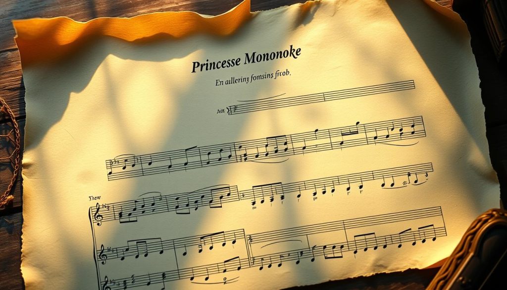 A beautifully detailed ocarina tablature sheet for the iconic "Princesse Mononoke" theme from the beloved Ghibli film. The parchment-like sheet is illuminated by soft, warm lighting, casting gentle shadows and highlighting the intricate musical notation. The ocarina diagram is rendered with precision, showcasing the finger positions required to play this hauntingly beautiful melody. The composition is balanced, with the tablature occupying the central focus, surrounded by a subtle, ethereal background that evokes the mystical forest setting of the film. The overall mood is one of reverence and nostalgia, inviting the viewer to imagine the melancholic, yet powerful, notes echoing through the ancient woods.