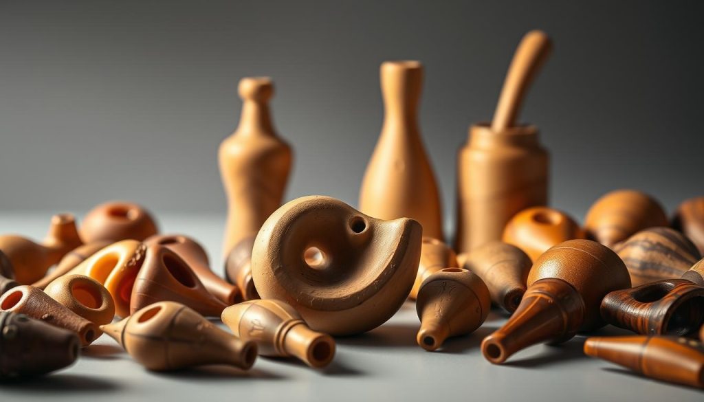 A beautifully lit studio photography scene showcasing a variety of ocarina types. In the foreground, a collection of ocarinas in different shapes and sizes, ranging from the classic sweet potato design to the more intricate double and triple ocarinas. The middle ground features a well-crafted ceramic ocarina with a unique, organic shape and delicate finger holes. In the background, a selection of wooden ocarinas in warm, earthy tones catch the soft, diffused lighting, highlighting their natural grain and texture. The overall composition emphasizes the diversity and craftsmanship of these ancient wind instruments, creating a visually captivating display that invites the viewer to appreciate the subtle differences and artistic expressions found in the world of ocarinas. A beautifully lit studio photography scene showcasing a variety of ocarina types. In the foreground, a collection of ocarinas in different shapes and sizes, ranging from the classic sweet potato design to the more intricate double and triple ocarinas. The middle ground features a well-crafted ceramic ocarina with a unique, organic shape and delicate finger holes. In the background, a selection of wooden ocarinas in warm, earthy tones catch the soft, diffused lighting, highlighting their natural grain and texture. The overall composition emphasizes the diversity and craftsmanship of these ancient wind instruments, creating a visually captivating display that invites the viewer to appreciate the subtle differences and artistic expressions found in the world of ocarinas.