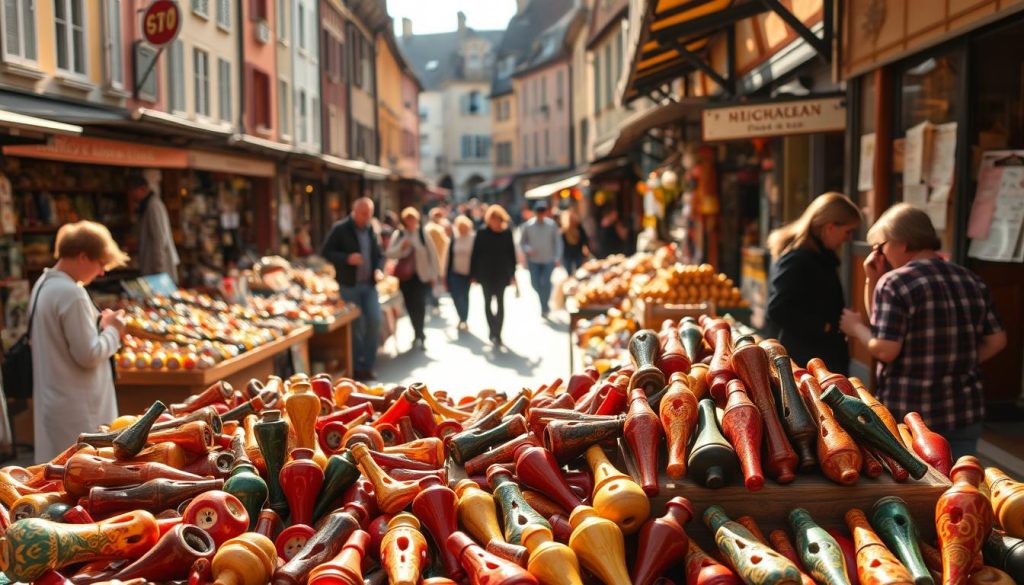 A bustling open-air marketplace in a French town, with rows of wooden stalls selling various items. In the foreground, a selection of ocarinas in various shapes, sizes, and colors are displayed prominently, their intricate designs and glazed finishes catching the eye. In the middle ground, shoppers and vendors interact, haggling over prices and exchanging goods. The background is filled with the quaint architecture of the town, with cobblestone streets and colorful facades. The scene is bathed in warm, golden sunlight, creating a cozy and inviting atmosphere. The overall impression is one of a traditional, lively marketplace where these unique musical instruments can be discovered and acquired at bargain prices, though with uncertain quality and tuning. A bustling open-air marketplace in a French town, with rows of wooden stalls selling various items. In the foreground, a selection of ocarinas in various shapes, sizes, and colors are displayed prominently, their intricate designs and glazed finishes catching the eye. In the middle ground, shoppers and vendors interact, haggling over prices and exchanging goods. The background is filled with the quaint architecture of the town, with cobblestone streets and colorful facades. The scene is bathed in warm, golden sunlight, creating a cozy and inviting atmosphere. The overall impression is one of a traditional, lively marketplace where these unique musical instruments can be discovered and acquired at bargain prices, though with uncertain quality and tuning.