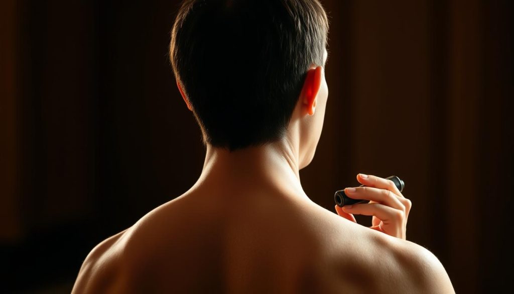 A classically-trained musician holding an ocarina in perfect upright posture, their back straight, shoulders relaxed, and fingers poised on the instrument's finger holes. The lighting is warm and natural, casting a soft glow on the musician's face and the ocarina's smooth ceramic surface. The background is blurred, placing the focus entirely on the performer's skillful technique and dedication to their craft. The overall mood is one of serene focus and artistic mastery, capturing the essence of the "indispensable basics of the wind instrument: posture, breath, and grip".
