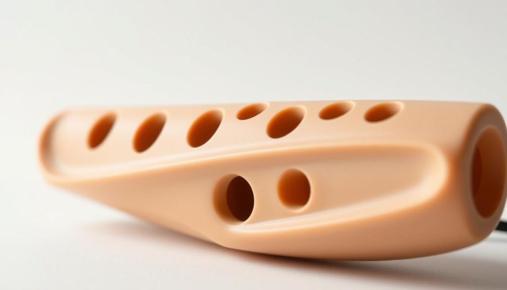 A close-up shot of a modern, sleek ocarina made of durable, high-quality plastic. The instrument has a smooth, matte finish in a neutral tone, with subtle contours and a streamlined design. The ocarina appears to be well-crafted, with a sturdy construction that suggests it could withstand regular use. The lighting is soft and diffused, highlighting the material's textural qualities and creating a sense of depth and three-dimensionality. The background is minimalist, with a clean, uncluttered setting that allows the ocarina to be the central focus of the image. A close-up shot of a modern, sleek ocarina made of durable, high-quality plastic. The instrument has a smooth, matte finish in a neutral tone, with subtle contours and a streamlined design. The ocarina appears to be well-crafted, with a sturdy construction that suggests it could withstand regular use. The lighting is soft and diffused, highlighting the material's textural qualities and creating a sense of depth and three-dimensionality. The background is minimalist, with a clean, uncluttered setting that allows the ocarina to be the central focus of the image.