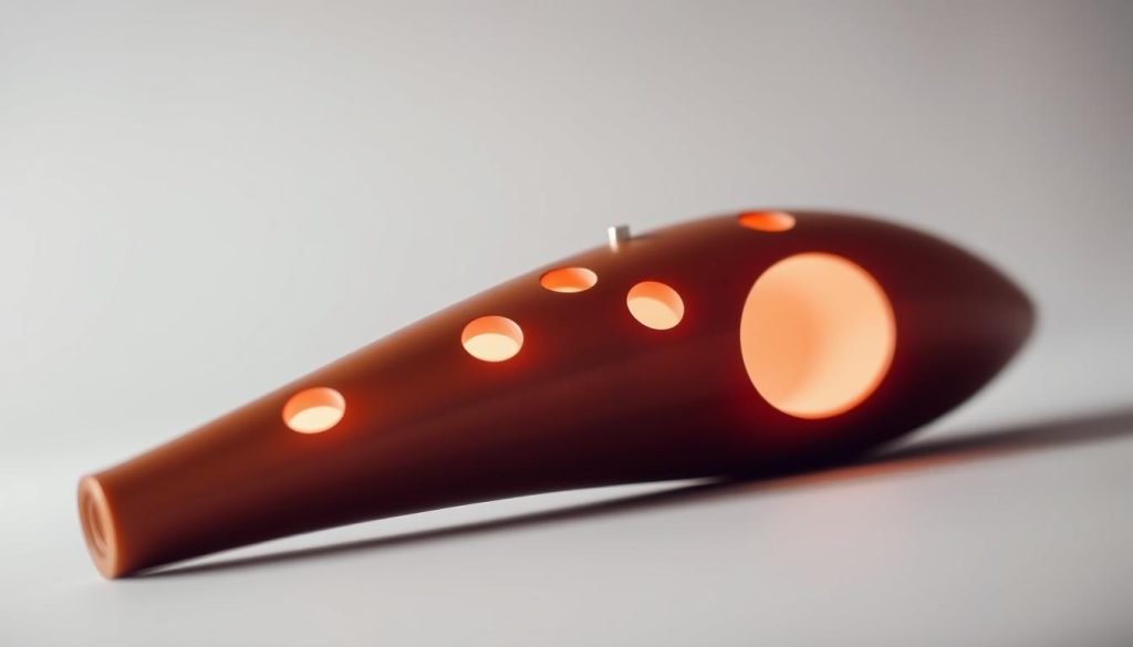 A close-up view of an ergonomic ocarina, showcasing its unique design and attention to user comfort. The ocarina is positioned in the foreground, with a soft, diffused lighting illuminating its smooth curves and contours. The middle ground features a muted, neutral background, allowing the instrument to take center stage. The image captures the ergonomic features of the ocarina, such as the comfortable finger holes and the overall shape that fits naturally in the player's hands. The overall atmosphere is one of refined elegance and attention to detail, reflecting the high-quality craftsmanship of the instrument. A close-up view of an ergonomic ocarina, showcasing its unique design and attention to user comfort. The ocarina is positioned in the foreground, with a soft, diffused lighting illuminating its smooth curves and contours. The middle ground features a muted, neutral background, allowing the instrument to take center stage. The image captures the ergonomic features of the ocarina, such as the comfortable finger holes and the overall shape that fits naturally in the player's hands. The overall atmosphere is one of refined elegance and attention to detail, reflecting the high-quality craftsmanship of the instrument.