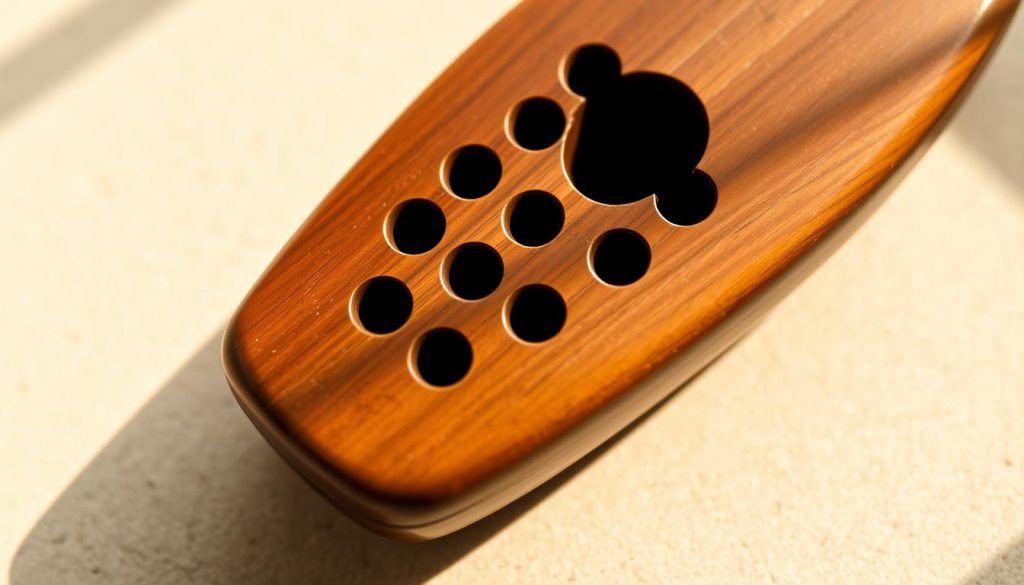 A close-up view of an intricate intonation ocarina, its distinct holes and finger positioning clearly visible. The instrument is surrounded by a warm, natural lighting that casts gentle shadows, highlighting its organic, earthy tones. The ocarina rests on a neutral, slightly textured surface, creating a sense of depth and emphasizing its form. The image conveys a sense of focus and attention to detail, reflecting the precision required to master this unique wind instrument.