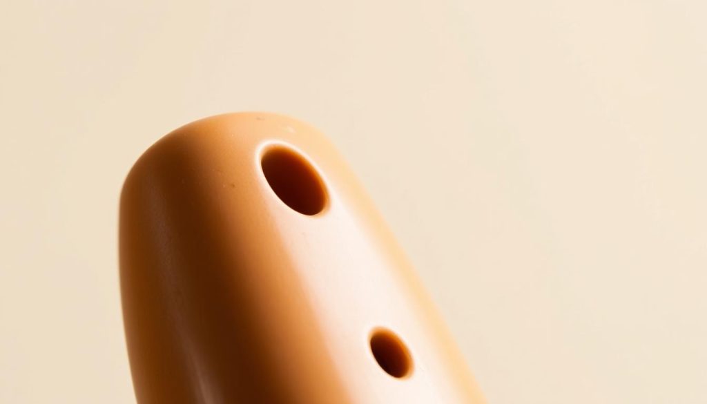 A close-up view of an ocarina, its finger holes clearly visible, against a plain background. The ocarina is showcased in a warm, natural light, highlighting its intricate details and the smooth, earthy tones of the ceramic instrument. The focus is on the fingering positions, with the ocarina positioned to allow the viewer to easily see how the fingers should be placed to play the essential musical scales. The overall atmosphere is one of simplicity, clarity, and a dedication to the fundamentals of ocarina technique for beginners.