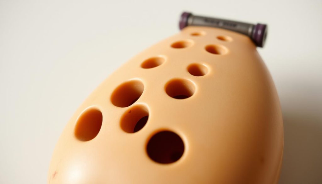 A close-up view of an ocarina, showcasing its distinctive finger holes and intricate finger positioning. The ocarina is depicted in a neutral, natural setting, with soft, diffused lighting that accentuates the instrument's organic texture and form. The image should capture the essential details of the ocarina's design, including the precise arrangement and size of the finger holes, as well as the overall shape and curvature of the body. The focus should be on the technical aspects of the instrument, highlighting its unique construction and the role of the finger holes in producing its characteristic sound. The mood should convey a sense of simplicity and precision, reflecting the core function of the ocarina as a wind instrument. A close-up view of an ocarina, showcasing its distinctive finger holes and intricate finger positioning. The ocarina is depicted in a neutral, natural setting, with soft, diffused lighting that accentuates the instrument's organic texture and form. The image should capture the essential details of the ocarina's design, including the precise arrangement and size of the finger holes, as well as the overall shape and curvature of the body. The focus should be on the technical aspects of the instrument, highlighting its unique construction and the role of the finger holes in producing its characteristic sound. The mood should convey a sense of simplicity and precision, reflecting the core function of the ocarina as a wind instrument.