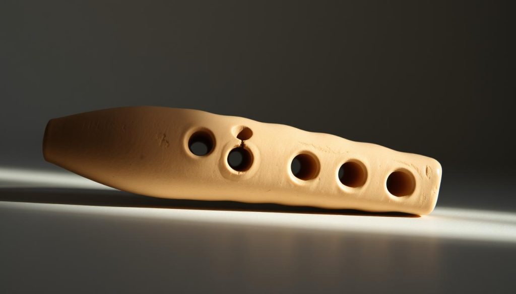 A close-up view of an ocarina with its finger holes partially uncovered, creating a distorted, imprecise tone. The instrument is positioned on a flat, neutral surface, illuminated by soft, diffused lighting that casts gentle shadows and highlights the textural details of the ceramic body. The focus is sharply on the holes, drawing attention to the inaccurate fingering technique. The overall mood conveys a sense of imperfection and the need for better control and technique when playing the ocarina.