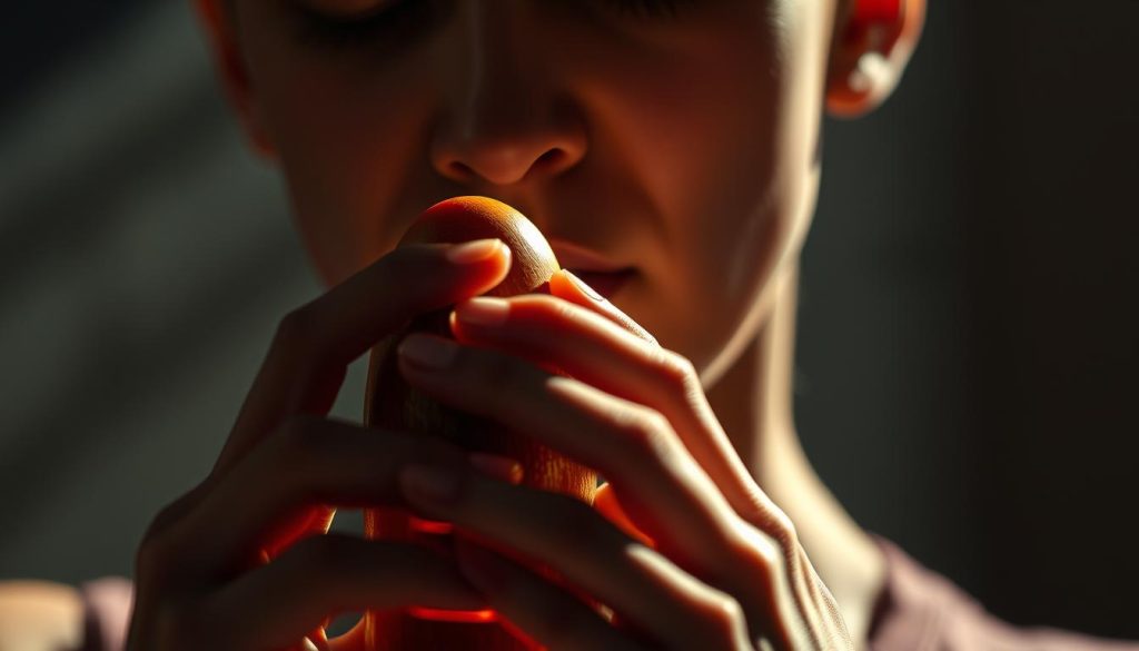 A closeup view of an ocarina player's hands delicately manipulating the instrument's finger holes, producing a haunting, ethereal melody. The player's face is partially obscured, with a serene, focused expression. The ocarina is rendered in rich, burnished tones, its intricate details captured in high resolution. The background is softly blurred, emphasizing the performer's technical mastery. Dramatic side lighting casts dramatic shadows, conveying a sense of depth and drama. The overall mood is contemplative and atmospheric, inviting the viewer to appreciate the nuanced techniques required to coax beautiful music from this ancient wind instrument.