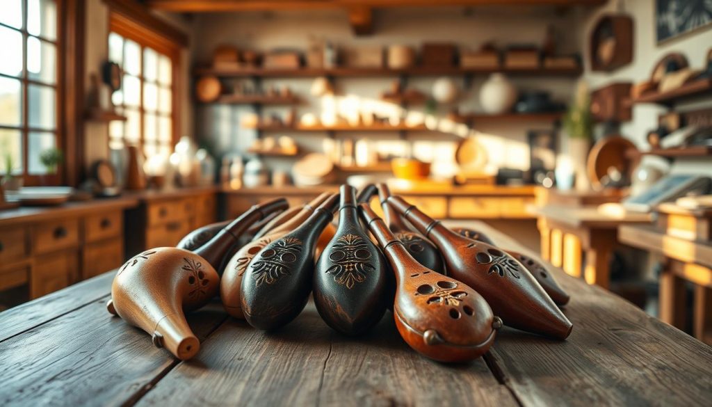 A collection of intricately crafted ocarinas resting on a wooden table, bathed in warm, natural light streaming through a large window. The instruments, in a variety of shapes and colors, are arranged in a visually appealing composition, showcasing their unique designs and textures. In the background, a glimpse of a cozy, well-appointed French artisan workshop can be seen, hinting at the skilled craftsmanship behind these traditional wind instruments. The overall scene evokes a sense of artisanal quality, tradition, and the vibrant cultural heritage of France. A collection of intricately crafted ocarinas resting on a wooden table, bathed in warm, natural light streaming through a large window. The instruments, in a variety of shapes and colors, are arranged in a visually appealing composition, showcasing their unique designs and textures. In the background, a glimpse of a cozy, well-appointed French artisan workshop can be seen, hinting at the skilled craftsmanship behind these traditional wind instruments. The overall scene evokes a sense of artisanal quality, tradition, and the vibrant cultural heritage of France.