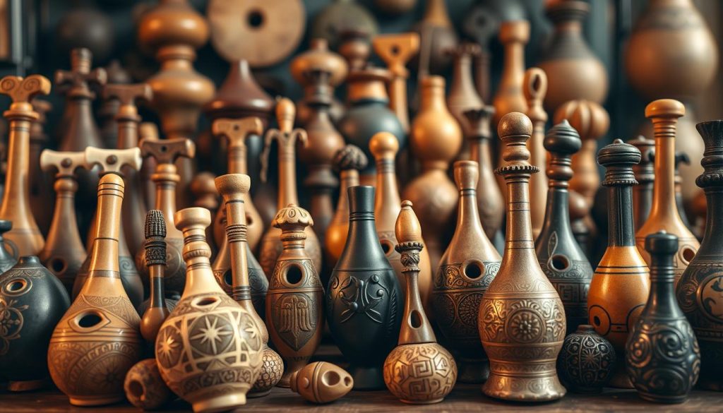 A collection of ornately crafted ocarinas in various sizes and shapes, showcasing the diversity and artistry of this ancient wind instrument. The foreground features a range of soprano, alto, and tenor models, each with its own unique design elements and intricate patterns. The middle ground displays the characteristic round, elongated, and globular forms common to ocarinas, while the background offers a glimpse of the rich cultural heritage and traditional craftsmanship that has shaped this musical tradition over centuries. The lighting is soft and warm, highlighting the organic textures and subtle tones of the ceramic or wooden materials. The overall atmosphere conveys a sense of timeless elegance and the enduring appeal of this iconic Andean instrument.
