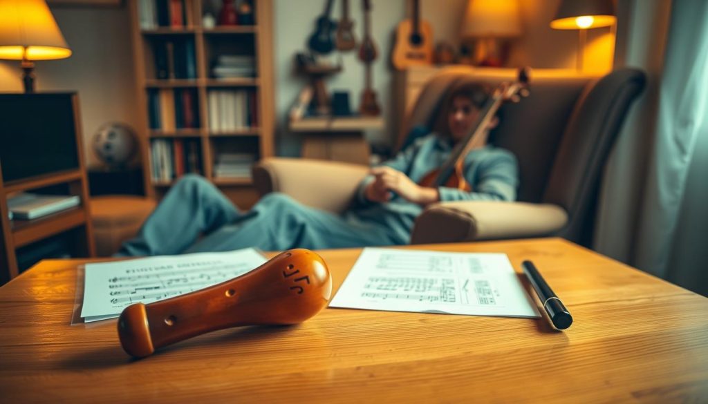 A cozy interior setting, with a focus on a musician playing an ocarina. The foreground features a well-lit wooden desk or table, with the ocarina instrument resting on its surface, along with sheet music and other learning materials. The musician, dressed in casual, comfortable attire, is seated in a plush, armchair, their hands delicately positioned on the ocarina, capturing the moment of deep concentration as they practice. Warm, soft lighting illuminates the scene, creating a relaxed and inviting atmosphere. The background showcases a bookshelf or display of musical instruments, hinting at the learner's passion for music. The overall composition conveys a sense of peaceful learning and exploration of the ocarina, suitable for the "Apprendre l'ocarina : programme de 30 minutes par jour" article.