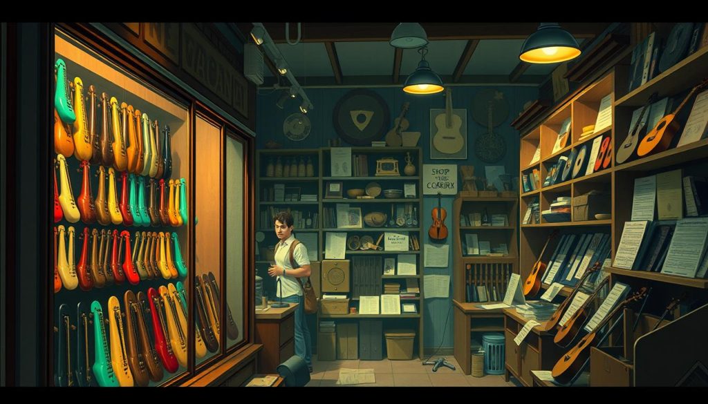 A cozy, well-lit music shop with a charming, vintage aesthetic. The storefront features a large display window showcasing a selection of ocarinas in various shapes and colors, inviting passersby to step inside. The interior is filled with wooden shelves and cabinets displaying a diverse range of musical instruments, sheet music, and accessories. A skilled musician sits behind the counter, ready to assist customers with their ocarina-related queries. Soft, ambient lighting creates a warm, welcoming atmosphere, and the faint sound of a gentle melody drifts through the air, drawing in music enthusiasts. The overall scene conveys a sense of expertise, passion, and a dedication to preserving the art of ocarina playing. A cozy, well-lit music shop with a charming, vintage aesthetic. The storefront features a large display window showcasing a selection of ocarinas in various shapes and colors, inviting passersby to step inside. The interior is filled with wooden shelves and cabinets displaying a diverse range of musical instruments, sheet music, and accessories. A skilled musician sits behind the counter, ready to assist customers with their ocarina-related queries. Soft, ambient lighting creates a warm, welcoming atmosphere, and the faint sound of a gentle melody drifts through the air, drawing in music enthusiasts. The overall scene conveys a sense of expertise, passion, and a dedication to preserving the art of ocarina playing.