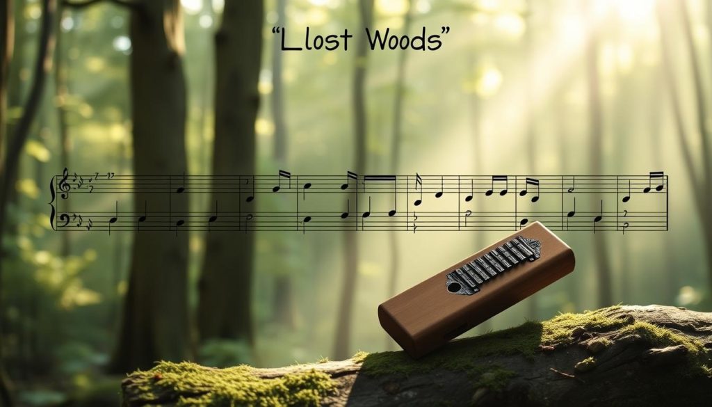 A crisp and detailed tablature score for the "Lost Woods" melody on the ocarina, set against a soft, dreamy forest backdrop. The tablature notation is rendered in a vintage, hand-drawn style, with delicate lines and intricate patterns reflecting the organic nature of the forest. The ocarina itself is subtly present in the scene, perhaps resting on a mossy log or floating in the dappled sunlight. The overall atmosphere is serene and immersive, evoking the tranquility of the legendary Lost Woods from the Legend of Zelda series. A crisp and detailed tablature score for the "Lost Woods" melody on the ocarina, set against a soft, dreamy forest backdrop. The tablature notation is rendered in a vintage, hand-drawn style, with delicate lines and intricate patterns reflecting the organic nature of the forest. The ocarina itself is subtly present in the scene, perhaps resting on a mossy log or floating in the dappled sunlight. The overall atmosphere is serene and immersive, evoking the tranquility of the legendary Lost Woods from the Legend of Zelda series.
