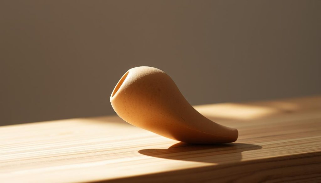 A delicate souffle-shaped ocarina levitates in a soft, diffused light. The earthenware instrument rests on a wooden surface, its curvaceous form casting gentle shadows. The mouthpiece protrudes invitingly, suggesting the need for a careful, controlled breath to produce its soulful tones. The background is a serene, muted palette, allowing the ocarina to be the focal point. Subtle vignetting and a shallow depth of field draw the viewer's eye to the instrument's elegant design and the importance of proper airflow for its optimal performance.