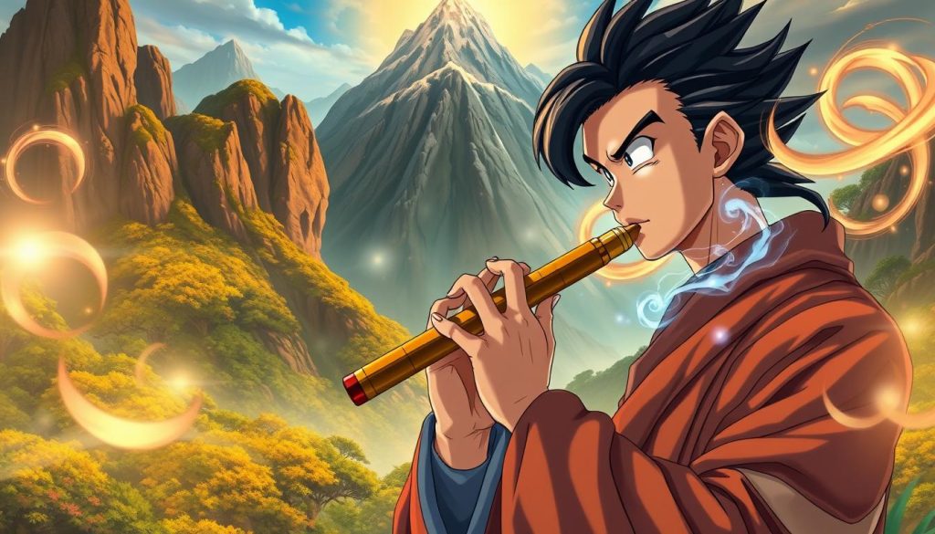 A detailed and lifelike illustration of Tapion, the heroic character from Dragon Ball Z, playing his iconic ocarina against a lush, fantasy-inspired backdrop. The foreground features Tapion, in his traditional warrior attire, with a serene expression as he tenderly holds the ocarina to his lips, the intricate details of the instrument and his clothing captured with precision. The middle ground showcases a dramatic, mountainous landscape with vibrant foliage and a warm, golden lighting that bathes the scene, evoking a sense of tranquility and wonder. The background incorporates mystical, swirling energy fields and otherworldly elements that hint at the supernatural powers associated with Tapion and the Dragon Ball universe. The overall composition is balanced, visually striking, and accurately captures the essence of playing Tapion's theme on the ocarina.