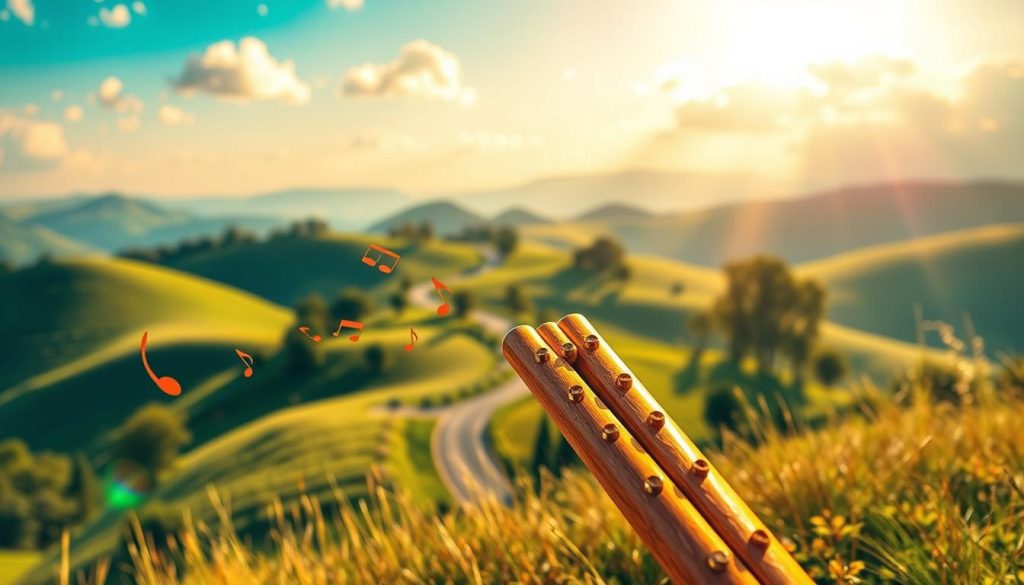A detailed and whimsical image of a "pan flute" or "flûte de pan" set against a backdrop of lush, rolling hills and a vibrant, sun-dappled sky. In the foreground, the pan flute is positioned prominently, its wooden pipes gleaming with a natural, earthy finish. The instrument is surrounded by a scattering of musical notes, floating and dancing in the air, hinting at the melodious tones it produces. In the middle ground, a serene landscape unfolds, with verdant meadows, swaying trees, and a winding path that leads the eye towards the horizon. The overall atmosphere is one of tranquility, creativity, and a sense of new possibilities, reflecting the "New Horizons" concept. Warm, golden lighting bathes the scene, creating a cozy, inviting mood. A detailed and whimsical image of a "pan flute" or "flûte de pan" set against a backdrop of lush, rolling hills and a vibrant, sun-dappled sky. In the foreground, the pan flute is positioned prominently, its wooden pipes gleaming with a natural, earthy finish. The instrument is surrounded by a scattering of musical notes, floating and dancing in the air, hinting at the melodious tones it produces. In the middle ground, a serene landscape unfolds, with verdant meadows, swaying trees, and a winding path that leads the eye towards the horizon. The overall atmosphere is one of tranquility, creativity, and a sense of new possibilities, reflecting the "New Horizons" concept. Warm, golden lighting bathes the scene, creating a cozy, inviting mood.