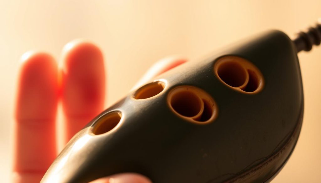 A detailed, close-up shot of an ocarina's finger holes, known as "ocarina troughs," against a softly blurred background. The ocarina is held in a musician's hands, with fingers delicately positioned over the precisely carved, rounded depressions that produce the instrument's distinctive sound. Warm, directional lighting from the side creates gentle shadows and highlights the intricate textures of the ocarina's glazed ceramic surface. The composition emphasizes the importance of proper finger placement and breath control when playing simple melodies on this ancient wind instrument.