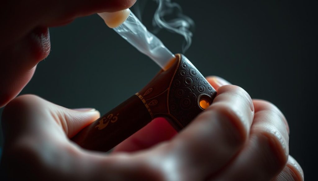 A detailed close-up view of a hand holding an ocarina, delicately manipulating the airflow and pressure. The ocarina's mouthpiece is prominently featured, with intricate textures and a soft, warm lighting illuminating the player's fingers as they control the air stream. The background is blurred, placing the focus entirely on the intricate relationship between the player's breath and the ocarina's response. The image conveys a sense of careful, precise control and the intimate connection between the musician and their instrument.