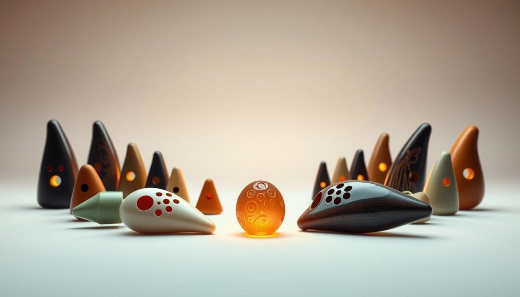A detailed comparison of various ocarina models, showcased in a sleek, minimalist studio setting. The foreground features a central ocarina, its intricate design highlighted by warm, directional lighting. Surrounding it are several other ocarinas of different shapes, sizes, and materials, allowing for a side-by-side visual analysis. The middle ground presents a clean, neutral backdrop, allowing the ocarinas to take center stage. The background maintains a subtle, out-of-focus gradient, creating a sense of depth and focus on the comparative subject matter. The overall composition and lighting convey a sense of professionalism and attention to detail, suitable for illustrating a technical comparison in a product review article.