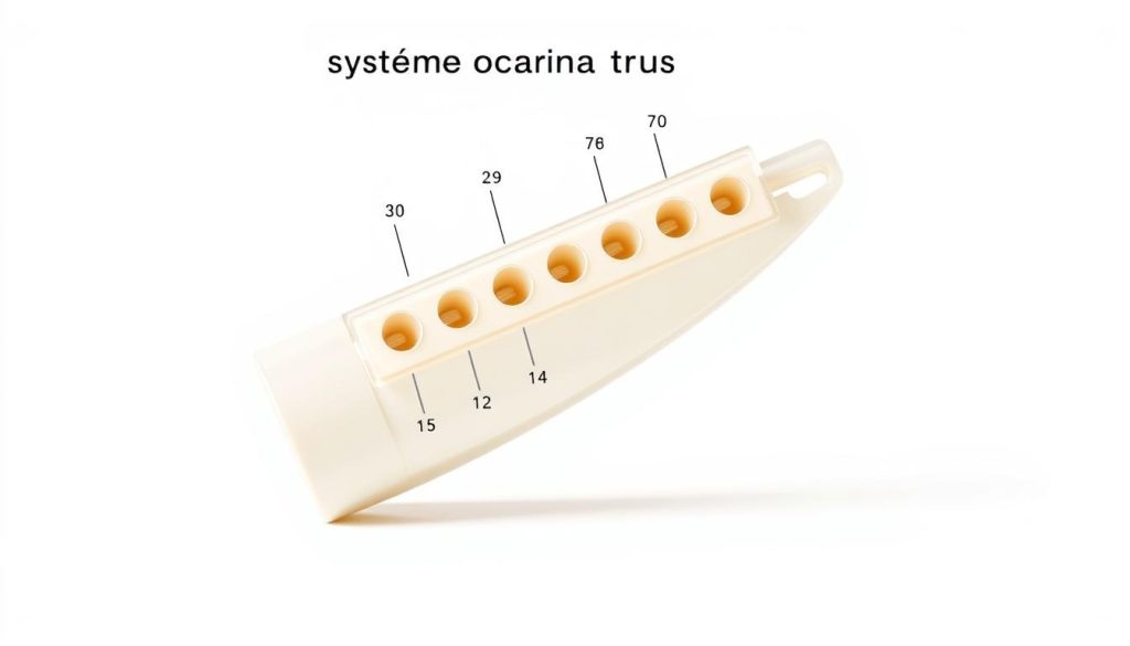 A detailed diagram of an ocarina, showcasing its finger hole system. The ocarina is displayed in a clean, minimalist style, with a neutral white or light gray background to emphasize the intricate finger hole layout. The ocarina is positioned at a slight angle, allowing for a clear view of the finger holes and their numerical labeling. The lighting is soft and diffused, creating a sense of clarity and simplicity. The composition focuses on the ocarina itself, without any distracting elements, allowing the viewer to easily understand the "système ocarina trous" and its basic fingering positions.