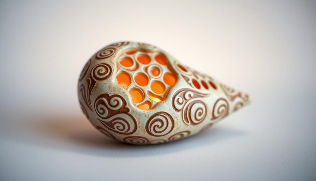 A detailed high-resolution image of a beautifully crafted ceramic ocarina, showcased against a soft, diffused lighting. The ocarina's surface displays intricate patterns and textures, reflecting the artistry and skill of its creation. The focal point is the ocarina, surrounded by a minimalist background that allows the ceramic material and its unique design to take center stage. The image conveys a sense of craftsmanship, elegance, and the timeless appeal of this ancient musical instrument. A detailed high-resolution image of a beautifully crafted ceramic ocarina, showcased against a soft, diffused lighting. The ocarina's surface displays intricate patterns and textures, reflecting the artistry and skill of its creation. The focal point is the ocarina, surrounded by a minimalist background that allows the ceramic material and its unique design to take center stage. The image conveys a sense of craftsmanship, elegance, and the timeless appeal of this ancient musical instrument.