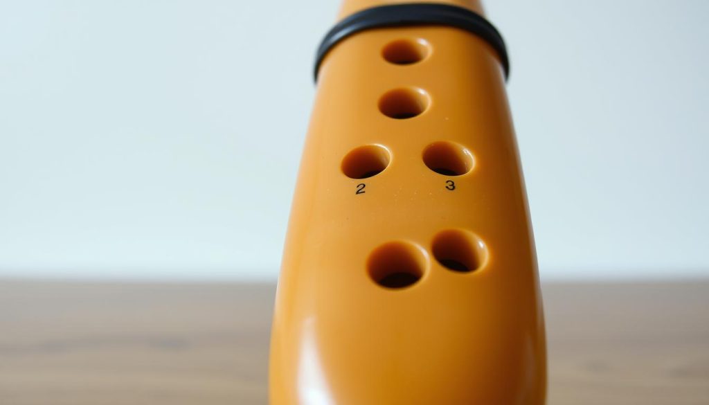 A detailed, high-resolution image of an ocarina, displaying its finger holes and the notes they produce. The ocarina is positioned prominently in the foreground, with a clean, uncluttered background allowing the instrument to be the focal point. The lighting is natural and diffused, highlighting the texture and contours of the ocarina. The camera angle provides a clear, eye-level view, allowing the viewer to study the finger holes and understand the relationship between hole placement and musical notes. The overall atmosphere is one of calm, thoughtful examination, inviting the viewer to explore the inner workings and capabilities of this unique wind instrument.