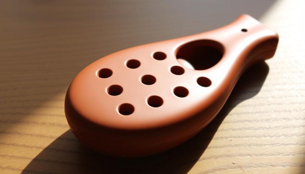 A detailed ocarina musical instrument with 12 finger holes, resting on a wooden surface. The ocarina has a classic teardrop shape, with a smooth, glazed ceramic body in a rich, earthy tone. The finger holes are evenly spaced, allowing for precise finger placement and fluid playing. The ocarina is bathed in soft, natural lighting, casting subtle shadows that accentuate its contours. The overall scene conveys a sense of simplicity, elegance, and the timeless appeal of this ancient wind instrument, perfectly suited for the "Chant du Temps" performance. A detailed ocarina musical instrument with 12 finger holes, resting on a wooden surface. The ocarina has a classic teardrop shape, with a smooth, glazed ceramic body in a rich, earthy tone. The finger holes are evenly spaced, allowing for precise finger placement and fluid playing. The ocarina is bathed in soft, natural lighting, casting subtle shadows that accentuate its contours. The overall scene conveys a sense of simplicity, elegance, and the timeless appeal of this ancient wind instrument, perfectly suited for the "Chant du Temps" performance.