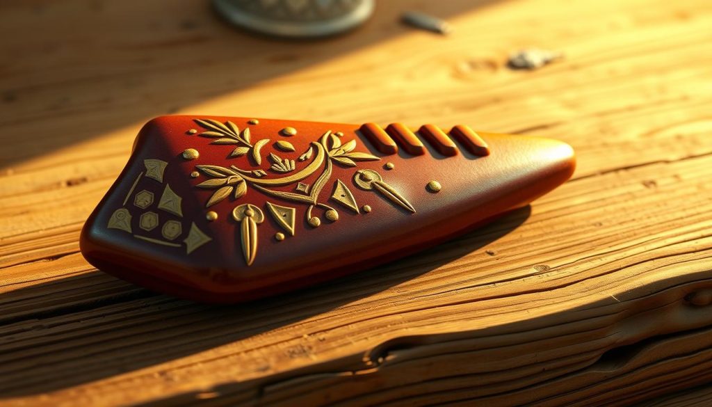 A detailed ocarina rendered in a warm, natural lighting, resting on a wooden surface. The ocarina's intricate embellishments and smooth contours are captured in high resolution, reflecting the iconic design associated with the Gerudo Valley theme. The background is a serene, earthy tone, allowing the ocarina to take center stage and command attention, as if the viewer is about to learn its enchanting melody.