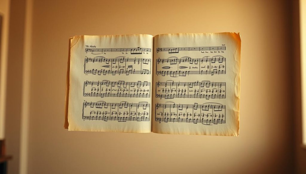A detailed sheet music partition floating in a warm, well-lit studio setting. The partition is intricately detailed, with crisp, clean lines and a classic, elegant aesthetic. The paper has a slightly aged, weathered appearance, hinting at the history and tradition of the musical piece. The background is softly blurred, drawing the viewer's attention to the central partition. Subtle lighting creates depth and dimensionality, casting gentle shadows that accentuate the texture and materiality of the paper. An atmosphere of focused contemplation and reverence for the musical craft pervades the scene.