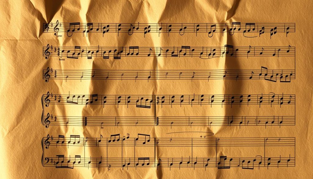A detailed sheet music score with intricate staff lines, treble and bass clefs, dynamic markings, and various musical symbols. The partitions are displayed on an aged, textured parchment paper with a warm, sepia-toned lighting that casts subtle shadows, creating a vintage, nostalgic atmosphere. The paper is slightly crumpled and worn, suggesting a sense of history and character. The overall composition emphasizes the clarity and legibility of the score, inviting the viewer to read and understand the musical notation as the focal point. A detailed sheet music score with intricate staff lines, treble and bass clefs, dynamic markings, and various musical symbols. The partitions are displayed on an aged, textured parchment paper with a warm, sepia-toned lighting that casts subtle shadows, creating a vintage, nostalgic atmosphere. The paper is slightly crumpled and worn, suggesting a sense of history and character. The overall composition emphasizes the clarity and legibility of the score, inviting the viewer to read and understand the musical notation as the focal point.