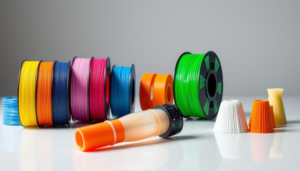 A detailed still life composition showcasing various 3D printing materials and filaments. In the foreground, an assortment of PLA, PETG, and ASA filament spools in vibrant colors are neatly arranged on a smooth, reflective surface. In the middle ground, a partially built 3D printed ocarina model emerges, highlighting the textural details and surface finish of the different materials. The background features a muted, softly lit studio setting, allowing the materials to take center stage. The overall scene conveys a sense of technical precision, material exploration, and the creative potential of 3D printing for musical instrument making.