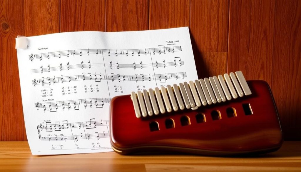 A detailed tablature for a 12-hole ocarina, prominently displayed against a warm, wooden background. The tablature is clearly legible, with distinct notation for each finger position. The ocarina itself is positioned nearby, its intricate design and glazed finish catching the soft, natural lighting. The overall composition conveys a sense of musical knowledge and appreciation, perfectly suited to illustrate the section on understanding ocarina sheet music and tablatures.