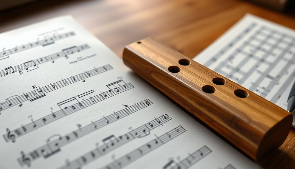A detailed technical illustration showcasing sheet music notation and tablature for a 6-hole ocarina. The foreground features a crisp, high-resolution rendering of sheet music lines and notation symbols, with the tablature for the ocarina displayed below. The middle ground shows a realistic 3D model of a wooden ocarina, positioned to highlight the finger hole placements. The background is a softly blurred, warm-toned environment, evoking a sense of musical study and education. The lighting is soft and natural, with shadows and highlights accentuating the textures of the materials. The composition is balanced and symmetrical, drawing the viewer's eye to the core elements of sheet music and tablature. An atmosphere of clarity, precision, and musical theory pervades the scene.