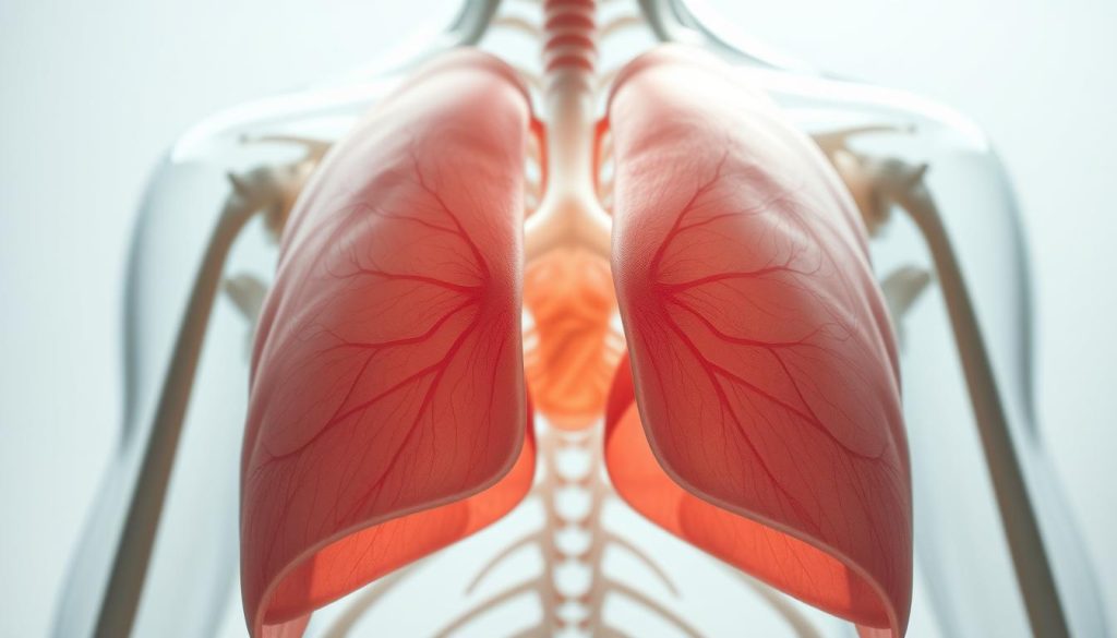 A detailed view of the diaphragm, the primary muscle responsible for respiration. In the foreground, the diaphragm is prominently displayed, its domed structure and fibers clearly visible. The middle ground shows the abdominal cavity, with the diaphragm contracting and expanding to draw air into the lungs. The background depicts the ribcage, highlighting how the diaphragm's movement influences the expansion and contraction of the chest. Soft, diffused lighting illuminates the scene, creating a sense of depth and dimensionality. The overall mood is one of scientific curiosity and anatomical exploration, inviting the viewer to understand the mechanics of diaphragmatic breathing.