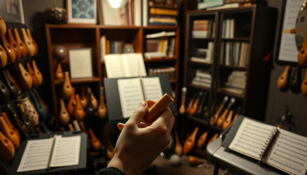 A dimly lit music studio filled with a variety of ocarinas of different shapes and sizes. In the foreground, a musician's hands gently hold and play an ocarina, their fingers gracefully moving across the finger holes. The middle ground features a music stand with sheet music displayed, suggesting the focus on technique and practice. In the background, a bookshelf or cabinet filled with ocarina-related materials, such as instructional books and metronomes, creates a sense of a dedicated learning environment. The lighting is soft and warm, casting a cozy, intimate atmosphere, encouraging the viewer to become immersed in the practice of mastering the ocarina.