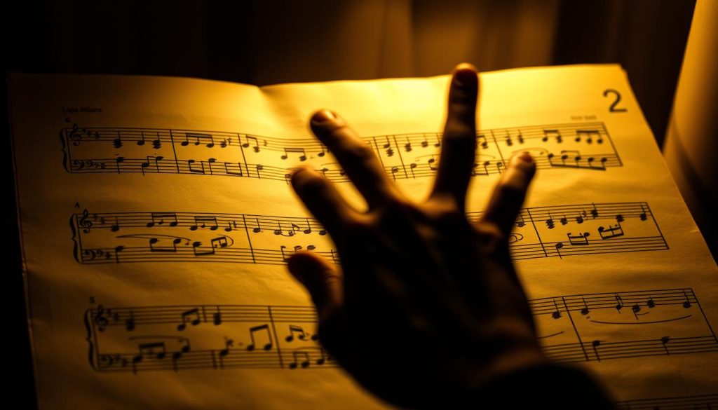 A dimly lit musical score, its rhythmic patterns etched in bold, contrasting lines. The sheet music appears worn, with faint smudges and creases hinting at its history. The foreground showcases the distinct note groupings, their shapes and spacing suggesting a syncopated, lively tempo. In the middle ground, a hand hovers, poised to conduct the unseen melody. The background is obscured, a soft, atmospheric blur that focuses the viewer's attention on the expressive, almost tangible quality of the score. Warm, golden lighting casts subtle shadows, adding depth and a sense of movement to the composition. The overall mood is one of contemplation and the anticipation of musical performance.