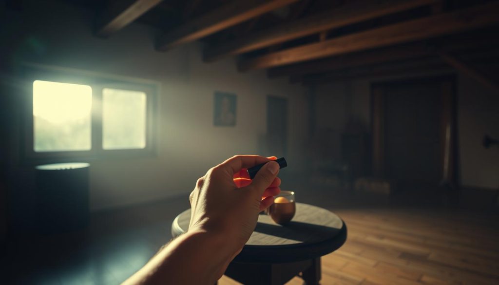 A dimly lit studio with a wooden floor and exposed beams. On a small table, an ocarina rests, its delicate form casting soft shadows. In the foreground, a pair of hands gently hold the instrument, fingers poised to play. The lighting is warm and focused, creating a sense of intimacy and concentration. The background is slightly blurred, drawing the viewer's attention to the central action - the act of "installing the tempo" through the rhythmic mastery of the ocarina. The mood is one of quiet focus, with a hint of the tranquil, meditative nature of this ancient instrument.