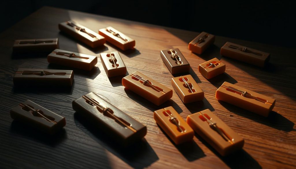 A dimly lit wooden table, its surface adorned with an array of ocarina finger positions. Gentle shadows dance across the intricate fingerings, highlighting the delicate interplay of half-tones. The instruments, their smooth surfaces glistening, are meticulously arranged to showcase the subtle alterations required for precise musical expression. Soft, diffused lighting casts a warm, contemplative ambiance, inviting the viewer to explore the nuanced techniques of this captivating wind instrument. The composition emphasizes the tactile nature of the ocarina, emphasizing the skilled manipulation of the finger placements necessary to produce the desired musical tones.