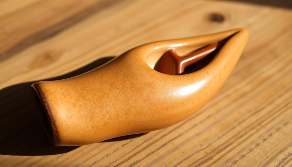 A finely crafted ceramic ocarina, the surface a smooth, lustrous glaze in a warm, earthy tone. The instrument rests on a wooden surface, natural light casting soft shadows that accentuate its elegant curves. The scene is imbued with a sense of artisanal craftsmanship, inviting the viewer to appreciate the material qualities and the musical potential of this unique wind instrument. The composition is balanced, with the ocarina occupying the central focus, surrounded by a minimal, uncluttered background that allows the object to shine. The overall atmosphere is one of refined simplicity, highlighting the inherent beauty and quality of the ceramic ocarina.