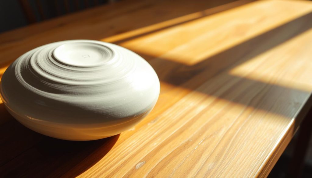 A finely crafted ceramic vase resting on a wooden table, illuminated by warm, natural lighting that casts soft shadows. The vase's surface is smooth and unblemished, showcasing the material's durability and ease of maintenance. The table's textured grain provides a tactile contrast, hinting at the differences in care required for ceramic versus wooden objects. The composition highlights the juxtaposition of these two materials, inviting the viewer to consider their unique properties and the implications for long-term use.