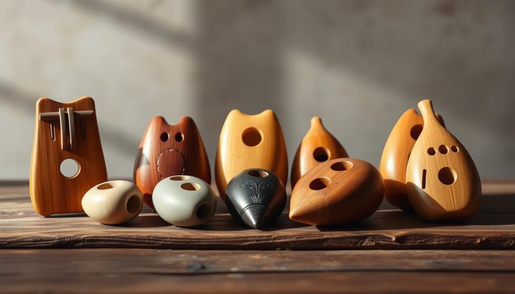 A harmonious still life arrangement showcasing an assortment of traditional ocarinas on a wooden surface. The ocarinas are carefully positioned, showcasing their distinctive shapes and intricate detailing. Soft, natural lighting illuminates the scene, casting gentle shadows and highlighting the instruments' unique textures. In the background, a muted, earthy color palette creates a calming and contemplative atmosphere, allowing the ocarinas to be the focal point. The composition is balanced and visually appealing, inviting the viewer to closely examine the criteria for selecting the ideal 12-hole ocarina for beginners.