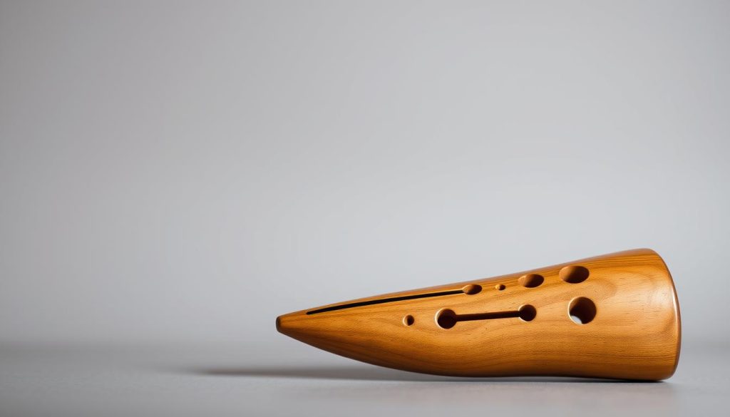 A high-quality, detailed ocarina in a warm, natural wood grain, capturing the intricate tessiture and precise tonal arrangement. The instrument is photographed against a neutral, muted background, showcasing its organic shape and distinctive finger holes. Soft, diffused lighting highlights the ocarina's elegant contours and the subtle variations in the wood's texture. The image conveys a sense of craftsmanship and musical potential, inviting the viewer to appreciate the ocarina's design and acoustic properties.