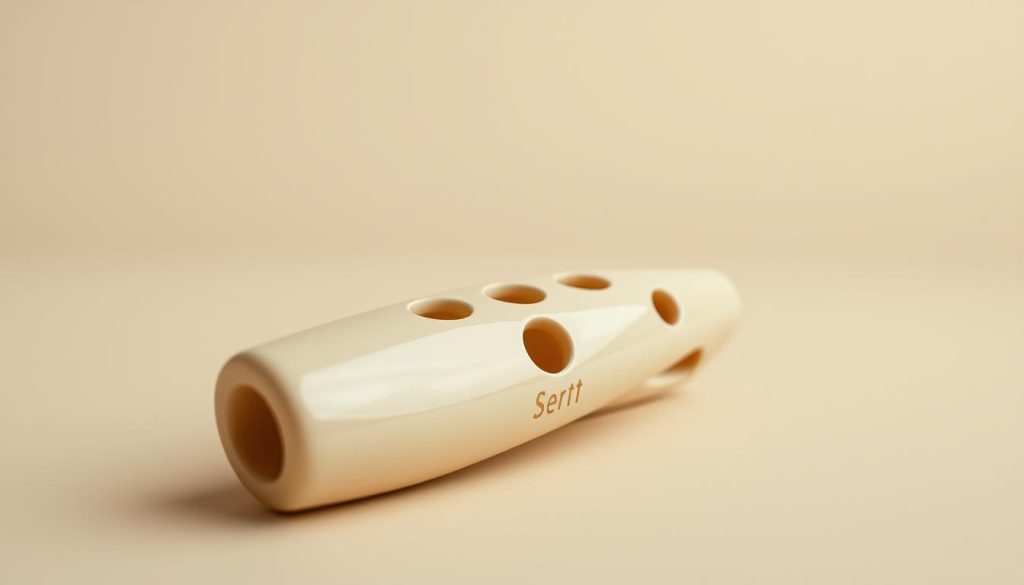 A high-quality, detailed ocarina model placed in a well-lit, softly focused studio setting. The ocarina should be prominently featured, showcasing its sleek, ceramic-like form and delicate finger holes. Capture the instrument's classic, vintage aesthetic with a muted, natural color palette and gentle, diffused lighting that accentuates the ocarina's graceful curves and contours. The background should be clean and uncluttered, allowing the ocarina to be the focal point. Convey a sense of simplicity, elegance, and approachability to appeal to beginner ocarinists.