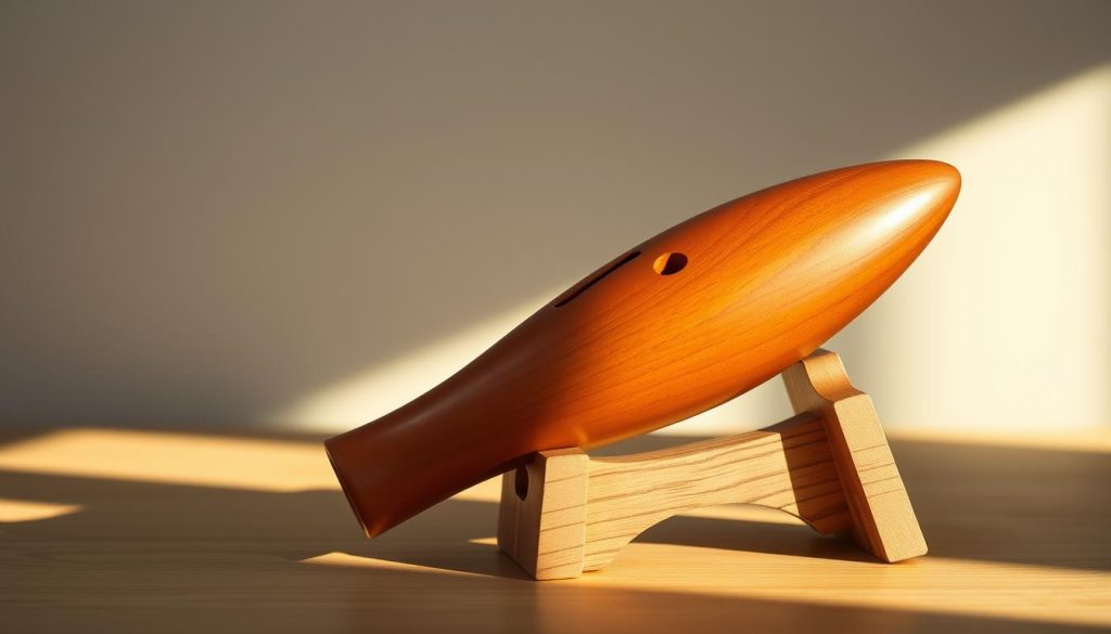 A high-quality ergonomic ocarina, its smooth form meticulously sculpted, resting on a minimalist wooden display stand. Soft sidelight casts warm shadows, highlighting the instrument's organic curves and the rich, matte finish. The ocarina's mouthpiece invites the player's lips, its gentle contours designed for effortless, comfortable performance. In the background, a blurred, neutral backdrop allows the ocarina to take center stage, emphasizing its elegant, functional design as the focus of attention. A high-quality ergonomic ocarina, its smooth form meticulously sculpted, resting on a minimalist wooden display stand. Soft sidelight casts warm shadows, highlighting the instrument's organic curves and the rich, matte finish. The ocarina's mouthpiece invites the player's lips, its gentle contours designed for effortless, comfortable performance. In the background, a blurred, neutral backdrop allows the ocarina to take center stage, emphasizing its elegant, functional design as the focus of attention.