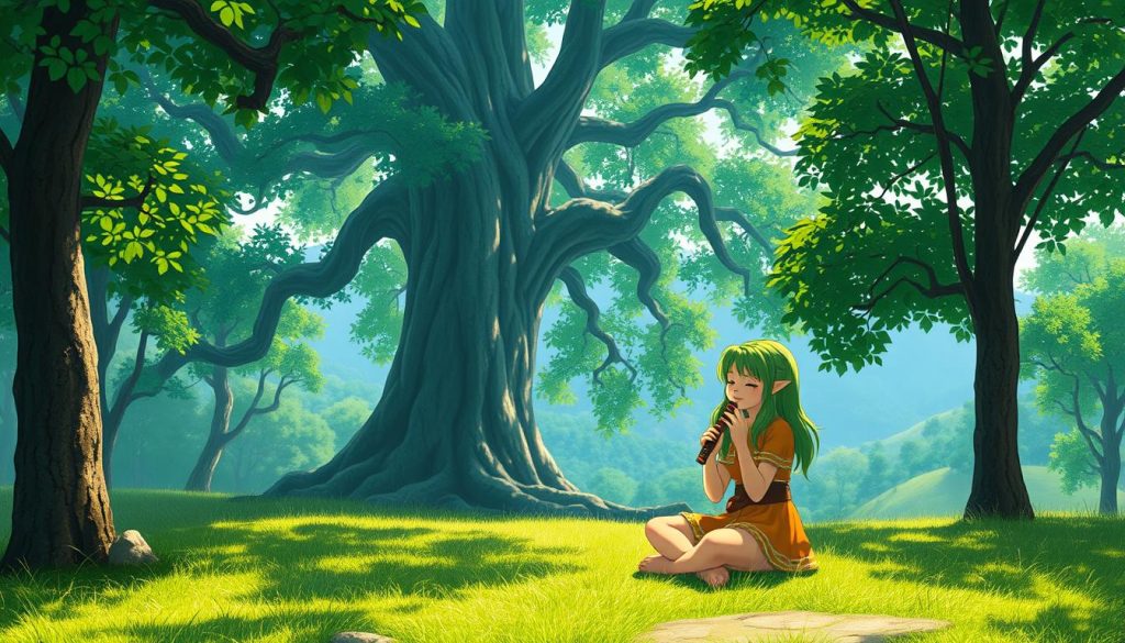 A lush, verdant Kokiri Forest, its canopy of emerald leaves dappling the sunlight. In the foreground, a young girl with vibrant green hair sits cross-legged on the mossy ground, her ocarina raised to her lips, eyes closed as she serenades the forest with a haunting, ethereal melody - the Saria's Song, a gentle but melancholic tune that echoes through the sacred Kokiri Meadow. In the middle ground, the towering trunk of a giant tree stands sentinel, its ancient roots twisting into the earth. Distant hills and a hazy blue sky complete the serene, pastoral scene, the whole image suffused with a warm, nostalgic glow.