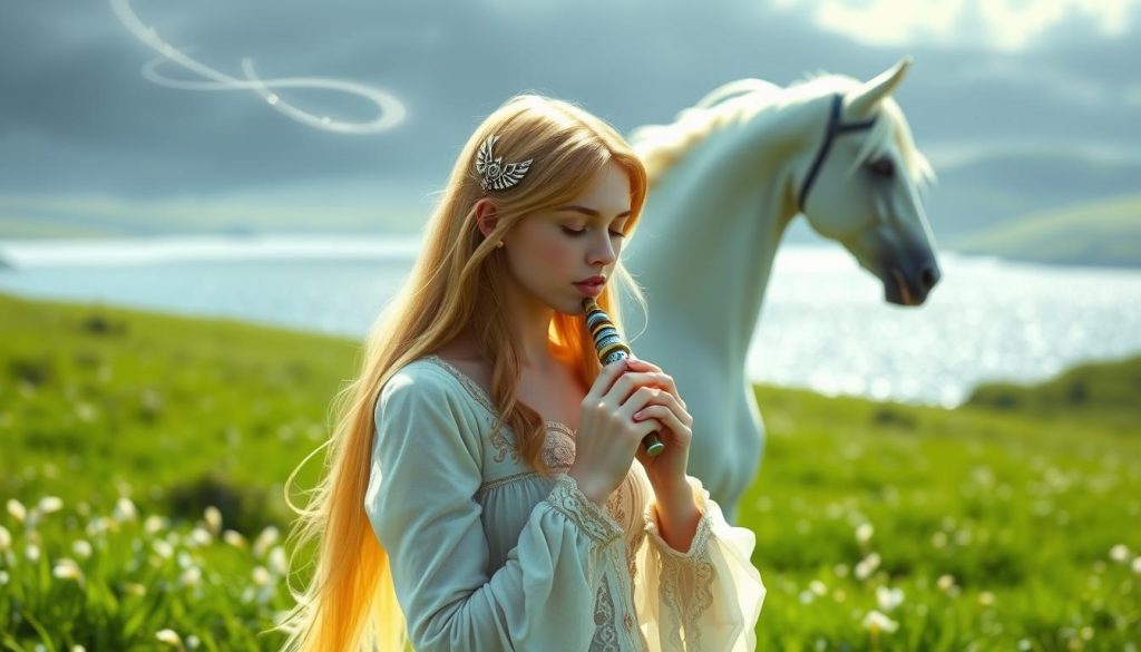 A majestic, ethereal scene of the "Chant d'Epona" from The Legend of Zelda: Ocarina of Time. In the foreground, a serene, golden-haired young woman plays a gentle, resonating melody on her ornate ocarina, her eyes closed in contemplation. Behind her, a magnificent white horse stands in profile, its mane flowing gracefully. The background is a lush, verdant meadow bathed in soft, diffused natural light, with a shimmering lake in the distance and wispy clouds drifting overhead, conveying a sense of tranquility and magic. The overall mood is one of reverence, harmony, and the timeless connection between nature, music, and the Epona legend.