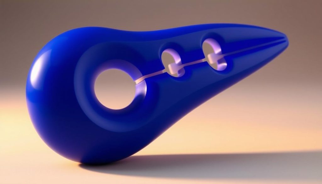 A meticulously crafted 3D-printed ocarina in a stunning Royal Blue hue, its smooth and sleek form exuding a sense of elegant sophistication. Elegant curves and streamlined contours create a visually striking musical instrument, its surface reflecting the warm glow of a softly diffused lighting setup. Captured against a neutral background that allows the ocarina to take center stage, the image conveys a sense of refined minimalism and highlights the object's inherent beauty and craftsmanship, perfectly embodying the "Imprimer un ocarina en 3d : modèles et conseils" section of the article.