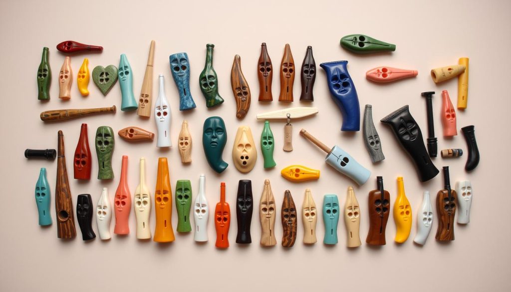 A neatly arranged display of various ocarina types in different shapes, sizes, and colors. The ocarinas are presented on a clean, neutral background with soft, even lighting that accentuates their intricate details and vibrant hues. The arrangement showcases the diversity of this ancient wind instrument, allowing for a thorough comparison of the different models and their unique characteristics. The overall scene conveys a sense of calm, inviting the viewer to closely examine and appreciate the unique qualities of each ocarina type.