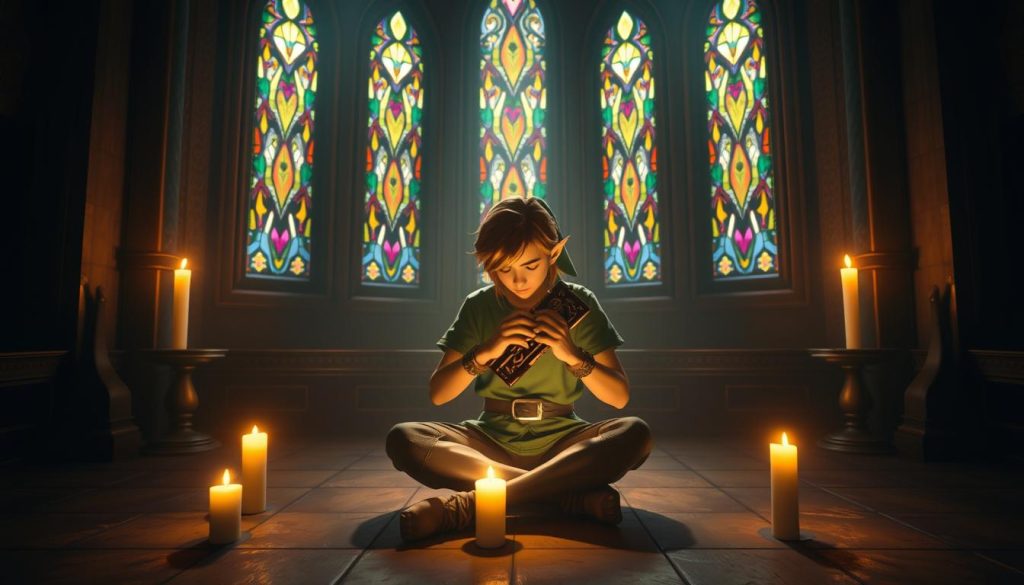 A peaceful, candlelit chamber in Hyrule Castle, where Link sits cross-legged, playing a serene ocarina melody. Warm, soft lighting casts a gentle glow, illuminating the intricately carved instrument in his hands. The air is still, save for the soothing, hypnotic notes that fill the room, evoking a sense of calm and tranquility. In the background, the iconic stained-glass windows of the castle cast colorful shadows, creating a mesmerizing, dreamlike atmosphere. The composition emphasizes the meditative, almost spiritual nature of the scene, inviting the viewer to be transported to the world of Zelda and the enchanting melodies of the Ocarina of Time.